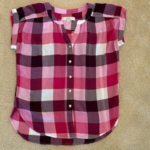 LOFT Vibrant Pink and Burgundy Checkered Top
